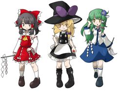  3girls black_eyes black_hair blonde_hair commentary_request crossover detached_sleeves ekans green_hair hair_ornament hakurei_reimu hand_on_own_hip hat kirisame_marisa kochiya_sanae long_hair magu multiple_girls orange_eyes parody poke_ball poke_ball_(basic) pokemon pokemon_(creature) poliwag skirt smile style_parody touhou witch_hat yellow_eyes 