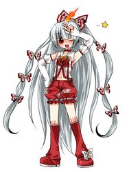  bow commentary_request female fire fujiwara_no_mokou hair_ribbon hairbow long_hair magu multiple_hair_bows red_eyes ribbon solo suspenders touhou white_hair 