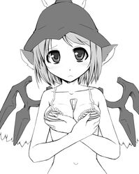  animal_ears bare_shoulders between_breasts blush bra breast_hold breasts female frown greyscale hat large_breasts lingerie monochrome mystia_lorelei short_hair solo touhou underwear wings you_naka 