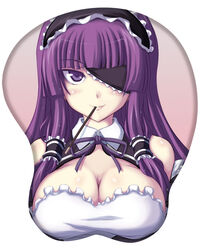  blush breast_mousepad breasts cleavage commentary_request dream_c_club dream_c_club_(series) eyepatch female food headdress jema large_breasts maid mari_(dream_c_club) mousepad_(medium) photoshop_(medium) pocky purple_eyes purple_hair smile solo 