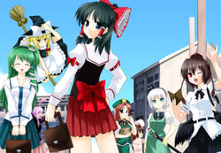  6+girls alternate_costume animal_ears black_hair black_wings blonde_hair blue_eyes bow braid brown_hair china_dress chinese_clothes commentary_request dress frog green_eyes hair_ornament hairband hakurei_reimu hat hong_meiling inaba_tewi katana kirisame_marisa kochiya_sanae konpaku_youmu long_hair makishima_rin multiple_girls photoshop_(medium) purple_hair rabbit_ears red_eyes red_hair reisen_udongein_inaba ribbon school school_uniform shameimaru_aya short_hair skirt snake sword tokin_hat touhou twin_braids weapon white_hair wings yellow_eyes 