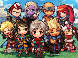  2boys 6+girls animal_ears armor bald beard belt blonde_hair blue_eyes boots brown_eyes brown_hair calendar_(medium) chibi cross dark_skin dungeon_and_fighter earrings facial_hair gauntlets gift glasses gloves goatee goggles grandis_gracia grey_hair hat headband highres japanese_clothes jewelry kimono kiri_the_lady klonter long_hair marlene_kitzka mintai multiple_boys multiple_girls ophelia_bagrans orca_(dungeon_and_fighter) pauldrons pelt pungjin rabbit_ears red_hair robe scar seria_kirmin shoes short_hair short_twintails shoulder_armor skirt twintails very_long_hair 