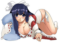  :o artist_request bad_id blue_eyes blue_hair blunt_bangs blush bra breasts check_artist check_source cleavage collarbone eyes_visible_through_hair female full_body hair_over_shoulder hair_ribbon hime_cut holding holding_pillow idol_mahjong_final_romance japanese_clothes kino_tsukasa large_breasts legs_together long_hair looking_at_viewer miko no_pants no_shoes obi panties pillow ribbon sash side-tie_panties simple_background socks solo source_request striped_clothes striped_socks thigh_gap thighs underwear white_background white_bra white_ribbon yamagami_shino 