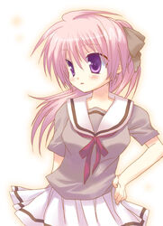  blush commentary_request female hand_on_own_hip katakuriri long_hair original pink_hair pleated_skirt purple_eyes school_uniform serafuku skirt solo 