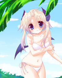  bikini blonde_hair blue_eyes breasts commentary_request day demon_girl female horns katakuriri long_hair medium_breasts monster_girl original smile solo swimsuit tail white_bikini wings 