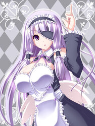  apron bad_id bad_pixiv_id breasts checkered commentary_request dream_c_club dream_c_club_(series) eyepatch female large_breasts long_hair mari_(dream_c_club) nanakorobi_yaoki open_mouth purple_eyes purple_hair solo wings 