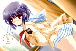  ! absurdres alpha_(yukai_na_nakamatachi) ass blurry blush braid dutch_angle eyebrows_hidden_by_hair female highres looking_at_viewer oone_touka panties purple_hair red_eyes school_uniform sharin_no_kuni_himawari_no_shoujo short_hair solo striped_clothes striped_panties underwear 