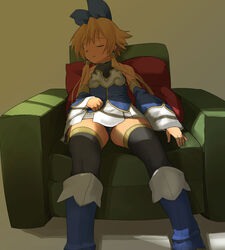  anshinmama blonde_hair boots bow chair commentary_request female hizashi_no_naka_no_real long_hair meryl_star parody shinrabanshou sitting sleeping solo thighhighs twintails 