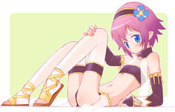  ankle_lace-up b.tarou blue_eyes blush bridal_gauntlets cross-laced_footwear elf female flat_chest gladiator_sandals hair_ornament harem_outfit headband hugging_own_legs lowres navel peepi photoshop_(medium) pointy_ears purple_hair reclining sandals see-through short_hair solo thighhighs ubel_blatt 