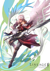  1boy energy_ball highres jj_(yadz01) kamael lineage lineage_2 male_focus photoshop_(medium) pointy_ears red_eyes solo sword weapon white_hair wings 