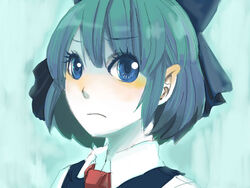  bakayanagi blue_eyes blue_hair bow cirno close-up commentary_request female frown hairbow school_uniform short_hair solo touhou 