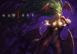  animal_print bat_print breasts chrisnfy85 cleavage demon_girl female green_eyes green_hair head_wings heart large_breasts long_hair morrigan_aensland pantyhose print_pantyhose solo vampire_(game) wings 