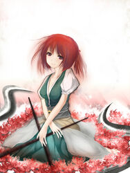  bad_id bad_pixiv_id dual_wielding female hair_bobbles hair_ornament holding metalwasabi onozuka_komachi photoshop_(medium) red_eyes red_hair scythe short_hair solo touhou two_side_up 