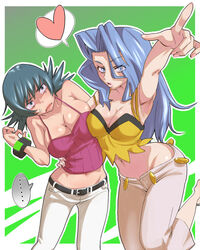  ... 2girls armpits bare_arms bare_shoulders belt black_hair blue_eyes blue_hair bracelet breast_press breasts camisole cleavage commentary_request crop_top denim flipped_hair gradient_background green_background hair_over_one_eye heart jeans jewelry karen_(pokemon) large_breasts light_blue_hair long_hair midriff multiple_girls nail_polish navel pants parted_bangs pink_camisole pink_nails pokemon pokemon_hgss ribbed_camisole sabrina_(pokemon) spaghetti_strap spoken_ellipsis spoken_heart sweatdrop wavy_hair yellow_camisole zaitsu 