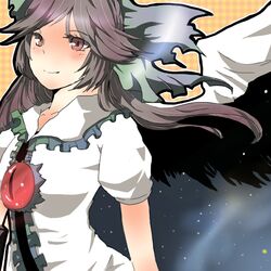  bad_id bad_pixiv_id blush bow brown_hair female green_bow hairbow long_hair mb999 red_eyes reiuji_utsuho smile solo touhou wings 