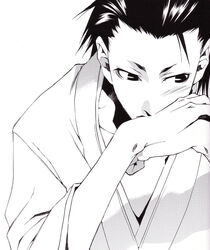  1boy artist_request greyscale hands highres japanese_clothes male_focus monochrome peace_maker_kurogane solo yamazaki_susumu_(peace_maker_kurogane) 