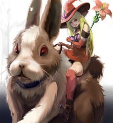  bad_id bad_pixiv_id bare_shoulders blonde_hair boots female flower hat highres katsuma_(perestronica) legs lips long_hair original photoshop_(medium) rabbit red_eyes riding solo thighhighs witch_hat 