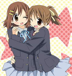  2girls bad_id bad_pixiv_id brown_eyes brown_hair cosplay hirasawa_ui hirasawa_yui hug k-on! multiple_girls nekono_osero one_eye_closed photoshop_(medium) ponytail sakuragaoka_high_school_uniform school_uniform short_hair siblings sisters 