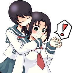  ! 2girls biting black_hair blush closed_eyes commentary_request ear_biting green_eyes holding_hands maruuchi_shouko minu multiple_girls nezu_miko sayonara_zetsubou_sensei school_uniform serafuku short_hair yuri 