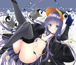  animal animal_hood ass bikini bikini_under_clothes bird black_bikini black_jacket blue_bow blue_choker blue_eyes blush bow breasts choker commentary_request eighth_note fate/grand_order fate_(series) female flower hood hood_up hooded_jacket jacket knee_up leg_up long_hair long_sleeves looking_at_viewer meltryllis_(fate) meltryllis_(swimsuit_lancer)_(fate) meltryllis_(swimsuit_lancer)_(first_ascension)_(fate) musical_note navel nekoneko open_clothes open_jacket parted_lips penguin penguin_hood pennant purple_hair sleeves_past_fingers sleeves_past_wrists small_breasts solo sparkle star_(symbol) string_of_flags swimsuit very_long_hair white_flower 