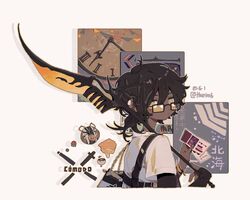  1boy arknights bag bead_bracelet beads bespectacled black-framed_eyewear black_hair bracelet closed_mouth commentary cropped_torso dark-skinned_male dark_skin dated food fruit glasses highres holding holding_weapon jewelry male_focus official_alternate_costume over_shoulder pancake shirt solo strawberry symbol-only_commentary thorns_(arknights) thorns_(comodo)_(arknights) thurim6 twitter_username upper_body weapon weapon_over_shoulder white_shirt yellow_eyes 