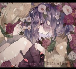  commentary_request english_text female fetal_position floral_background flower green_kimono hair_flower hair_ornament hieda_no_akyuu japanese_clothes kimono leaf letterboxed long_sleeves looking_at_viewer medium_hair multicolored_clothes petals plant profile purple_eyes purple_hair purple_skirt red_flower shinjitsu_no_kuchi skirt solo touhou white_flower wide_sleeves yellow_kimono 