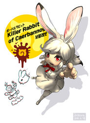  1other absurdres animal_ears arm_up armor black_hair blood blood_on_face character_name commentary creature_and_personification dated english_text extra_ears eyelashes female full_armor full_body fur-trimmed_sleeves fur_collar fur_trim highres holy_hand_grenade japari_symbol kemono_friends killer_rabbit_of_caerbannog knight long_hair long_sleeves looking_at_viewer monty_python monty_python_and_the_holy_grail multicolored_hair open_mouth outstretched_arm pantyhose personification photoshop_(medium) rabbit rabbit_ears reaching reaching_towards_viewer red_eyes roonhee sharp_teeth shirt sidelocks simple_background skirt solo_focus swept_bangs teeth two-tone_hair white_background white_hair white_legwear white_shirt white_skirt 