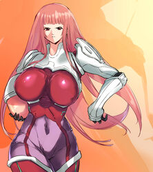  blunt_bangs bodysuit breasts closed_mouth female gloves helmet highres ken_marinaris large_breasts long_hair looking_at_viewer negresco pilot_suit pink_bodysuit pink_hair skin_tight solo standing very_long_hair zone_of_the_enders zone_of_the_enders_2 