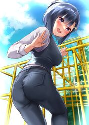  ass black_hair blue_pants blush bob_cut breasts female from_below hair_ornament hairclip jungle_gym kiryuuin_aoi large_breasts looking_at_viewer looking_back medium_breasts outdoors pants playground purple_eyes sg_(esujii) short_hair smile solo umamusume 