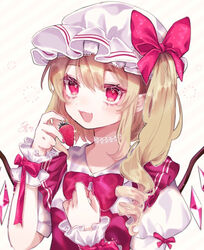  :d adapted_costume blonde_hair blush bow bowtie choker commentary_request crystal eyelashes female flandre_scarlet food fruit hair_between_eyes hand_on_own_chest hat holding holding_food looking_at_viewer mob_cap nail_polish oerba_yun_fang one_side_up open_mouth puffy_short_sleeves puffy_sleeves red_bow red_eyes red_nails red_ribbon ribbon short_sleeves sidelocks skin_fang smile strawberry striped striped_background touhou upper_body white_background wings youtan 