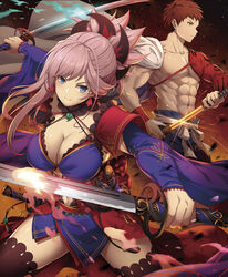  1boy abs asymmetrical_hair black_thighhighs blue_eyes blue_kimono breasts choker cleavage clothing_cutout collarbone commentary_request detached_sleeves dual_wielding earrings embers emiya_shirou fate/grand_order fate_(series) female fire hair_ornament highres holding holding_sheath holding_sword holding_weapon igote japanese_clothes jewelry katana kimono kiyo_(chaoschyan) large_breasts leaf_print magatama maple_leaf_print miyamoto_musashi_(fate) miyamoto_musashi_(third_ascension)_(fate) muscular navel_cutout nipples no_tsuba obi orange_hair pants pectorals photoshop_(medium) pink_hair ponytail reverse_grip sash senji_muramasa_(fate) sheath sheathed short_kimono single_bare_shoulder sleeveless sleeveless_kimono sword thighhighs thighs unsheathing weapon wide_sleeves yellow_eyes zettai_ryouiki 