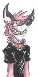  2019 alpha_channel anthro clothed clothing collar fangs front_view fur grin hair hi_res hyena jewelry krolik male mammal multicolored_body multicolored_fur piercing pink_body pink_fur pose sharp_teeth signature smile solo spiked_collar spikes teeth traditional_media_(artwork) two_tone_body two_tone_fur 