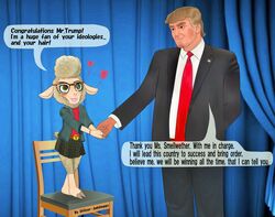  2016 absurd_res anthro barefoot belt biped blonde_hair blush bovid bunnyinquisitor business_suit caprine chair clothed clothing curtains dawn_bellwether dialogue digital_media_(artwork) disney domestic_sheep donald_trump duo english_text eyewear feet female fur furniture gesture glasses green_eyes hair hand_behind_back handshake heart_symbol hi_res human inside male mammal necktie open_mouth politics real_world sheep size_difference speech_bubble standing suit text text_on_belt zootopia 