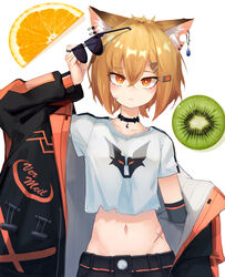  absurdres animal_ears arknights bandaid blush breasts brown_eyes brown_hair choker commentary earrings female food fruit hair_between_eyes hair_ornament hairclip highres jacket jewelry kiwi_(fruit) kiwi_slice looking_at_viewer md5_mismatch midriff navel notched_ear orange_(fruit) orange_slice ring scar short_hair simple_background solo sunglasses symbol-only_commentary timitarcat vermeil_(arknights) white_background 