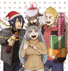  2boys amajiki_tamaki animal_ears antlers black_hair black_shirt blazer blonde_hair blue_eyes boku_no_hero_academia bottle bow box cake candle christmas confetti excited fake_animal_ears fake_antlers female food fruit fur-trimmed_headwear fur_trim gift gift_box grey_hair grin hadou_nejire hair_between_eyes hat highres holding holding_sack hood hoodie horns jacket knit_sweater letterman_jacket long_hair looking_at_another mahoubin_(totemo_hot_dayo) medium_hair multiple_boys open_mouth pants party_popper patterned_background pointy_ears quiff reindeer_antlers ribbon sack santa_hat shirt short_hair signature smile star_(symbol) star_print straight-on strawberry sweater togata_mirio turtleneck turtleneck_sweater very_long_hair wine_bottle 