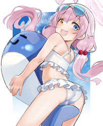  ahoge ass between_fingers bikini blue_archive blue_eyes eyewear_on_head female from_behind hair_bobbles hair_ornament halo heterochromia highres holding hoshino_(blue_archive) hoshino_(swimsuit)_(blue_archive) hugging_object inflatable_toy inflatable_whale long_hair looking_back miyamae_(miyazen9311) oerba_yun_fang open_mouth pink_hair smile solo sunglasses swimsuit thighs twintails white_bikini yellow_eyes 