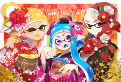  3girls :d ;d black_kimono blonde_hair blue_hair blue_tongue bow checkered_background closed_mouth colored_tongue commentary english_text fangs floral_print flower green_eyes hair_flower hair_ornament hairbow happy_new_year highres inking inkling inkling_girl inkling_player_character japanese_clothes kimono long_hair long_sleeves looking_at_viewer multiple_girls new_year nomu_(29_nom) one_eye_closed open_mouth outside_border pointy_ears print_kimono red_eyes red_hair red_kimono shadow short_hair short_hair_with_long_locks side-by-side side_ponytail smile splatoon_(series) squid_pose standing tan tied_hair wide_sleeves yellow_tongue 