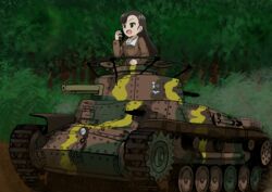  absurdres black_eyes black_hair breasts bush caterpillar_tracks chi-hatan_(emblem) chi-hatan_military_uniform commentary_request emblem female forest girls_und_panzer highres long_hair military military_vehicle motor_vehicle nature nishi_kinuyo open_mouth pzmark_hobby tank tree type_97_chi-ha 