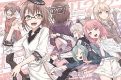  !? 5girls ^_^ abstract_background alternate_hairstyle aqua_hair bad_id bad_pixiv_id bag bang_dream! beret black_jacket black_legwear blonde_hair blue_shirt blush brown_hair bullfalk casual closed_eyes clothes_writing coat commentary_request flying_sweatdrops fur-trimmed_coat fur_trim glasses green_eyes green_jacket grey_skirt hair_ornament hair_scrunchie half_updo hat highres hikawa_hina holding holding_clothes holding_shirt jacket long_hair maruyama_aya multiple_girls multiple_views open_mouth pantyhose pastel_palettes_(bang_dream!) pink_eyes pink_hair ponytail purple_eyes ribbed_sweater scrunchie shirasagi_chisato shirt shopping_bag short_hair sidelocks skirt sleeves_past_wrists smile spoken_blush spoken_flying_sweatdrops star_(symbol) starry_background sweatdrop sweater swept_bangs turtleneck turtleneck_sweater wakamiya_eve white_hair white_shirt white_skirt yamato_maya 