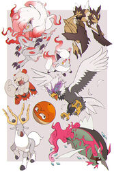  absurdres axe basculegion bird black_eyes border claws commentary_request fangs fish grey_background grey_fur hakuginnosora highres hisuian_braviary hisuian_growlithe hisuian_voltorb hisuian_zoroark hisuian_zorua kleavor open_mouth pokemon pokemon_(creature) talons tongue tongue_out white_border wyrdeer 