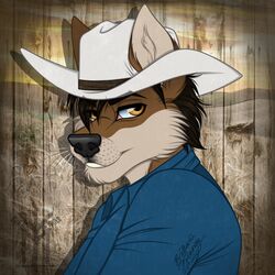  2023 anthro arwin ballcap black_hair bust_portrait canid canine canis clothing countershade_face countershading country cowboy_hat dated digital_media_(artwork) fox hair hat headgear headwear hybrid looking_at_viewer male mammal overalls portrait signature solo thehuntingwolf western wolf yellow_eyes 