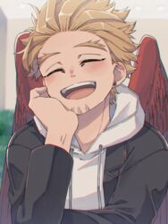  1boy arm_rest black_jacket blonde_hair blurry blurry_background boku_no_hero_academia casual close-up closed_eyes earrings elbow_rest facial_hair facial_mark feathered_wings feathers goatee grin hand_on_own_face hawks_(boku_no_hero_academia) head_on_hand hood hoodie jacket jewelry light_blush male_focus miso_(mimimiso) open_mouth red_feathers short_hair smile solo stud_earrings teeth tongue upper_teeth_only white_hoodie wings yellow_eyes 