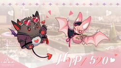  16:9 2_horns alternative_fashion ambiguous_gender aster_(nu:_carnival) bat blush brown_body brown_fur chibi chibifur claws clothed clothed_feral clothing demon duo english_text eyewear eyewear_on_head feral fluffy flying fur goth hat headgear headwear heart_eyes heart_symbol hi_res hindpaw horn j-fashion jacket_only kemono mammal membrane_(anatomy) membranous_wings morvay_(nu:_carnival) nu:_carnival official_art one_eye_closed ouji_(fashion) pawpads paws pink_body pink_fur prick_ears punk spade_tail sunglasses sunglasses_on_head tail text unknown_artist victorian_goth widescreen wing_claws wings wink 