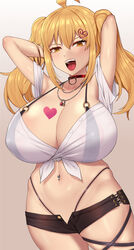  ahoge armpits arms_behind_head arms_up bare_shoulders bikini black_bikini black_shorts blonde_hair blush borrowed_character bracelet breasts chest_tattoo cleavage collar collarbone female gradient_background hair_ornament haks heart heart_hair_ornament heart_tattoo highleg highleg_bikini highres huge_breasts jewelry long_hair looking_at_viewer micro_shorts navel navel_piercing necklace nt00 o-ring open_mouth piercing saaya_(kirome) shirt short_sleeves shorts smile solo swimsuit tattoo thighs tied_shirt twintails virtual_youtuber white_shirt yellow_eyes 