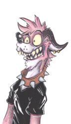  2019 alpha_channel anthro clothed clothing collar fangs front_view frown fur hair hi_res hyena jewelry krolik male mammal multicolored_body multicolored_fur piercing pink_body pink_fur pose sharp_teeth signature solo spiked_collar spikes teeth traditional_media_(artwork) two_tone_body two_tone_fur 