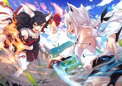  2girls animal_ears armpits battle black_hair blue_fire blush breasts commentary_request cryokinesis detached_sleeves fire fox_ears fox_tail hair_ornament hairclip holoearth_chronicles hololive ice japanese_clothes leg_up long_hair looking_at_another midriff mountain multiple_girls navel official_art ookami_mio ookami_mio_(1st_costume) outdoors pyrokinesis shirakami_fubuki shirakami_fubuki_(1st_costume) sideboob smoke sword tail thighhighs virtual_youtuber weapon white_hair wolf_ears yachimoto 