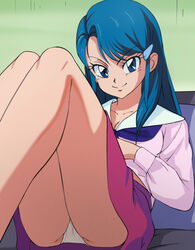  blue_eyes blue_hair blush breasts cleavage closed_mouth collarbone dark_blue_hair female genji_tsuushin_agedama hair_ornament hairclip haruyama_kazunori kuki_rei legs long_hair long_sleeves looking_at_viewer medium_breasts panties pantyshot red_skirt school_uniform serafuku sitting skirt smile solo underwear white_panties 