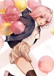  balloon black_jacket black_thighhighs blush breasts brown_skirt brown_thighhighs character_name collared_shirt commentary danganronpa_(series) danganronpa_2:_goodbye_despair female galaga grey_shirt hair_ornament hairclip highres hood hood_down jacket long_legs looking_at_viewer medium_breasts medium_hair nanami_chiaki neck_ribbon open_clothes open_jacket open_mouth pink_eyes pink_ribbon pleated_skirt ribbon shirt shirt_tucked_in skirt solo thighhighs white_shirt xoaiu 