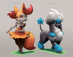  2013 anthro black_body black_fur braixen cheek_tuft duo facial_tuft feral fur furfrou generation_6_pokemon grass grey_background inner_ear_fluff looking_at_viewer lyc nintendo orange_body orange_fur plant pokemon pokemon_(species) simple_background standing star_trim_furfrou tuft white_body white_fur 