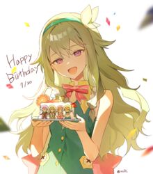  &gt;_&lt; :d azit_(down) bare_arms bare_shoulders blush cake character_doll commentary dated dress female food green_dress green_hair green_hairband hair_between_eyes hairband hands_up happy_birthday head_tilt highres holding holding_plate kamishiro_rui kusanagi_nene long_hair nenerobo ootori_emu plate project_sekai purple_eyes simple_background sleeveless sleeveless_dress smile solo tenma_tsukasa twitter_username very_long_hair white_background wonderlands_x_showtime_(project_sekai) 